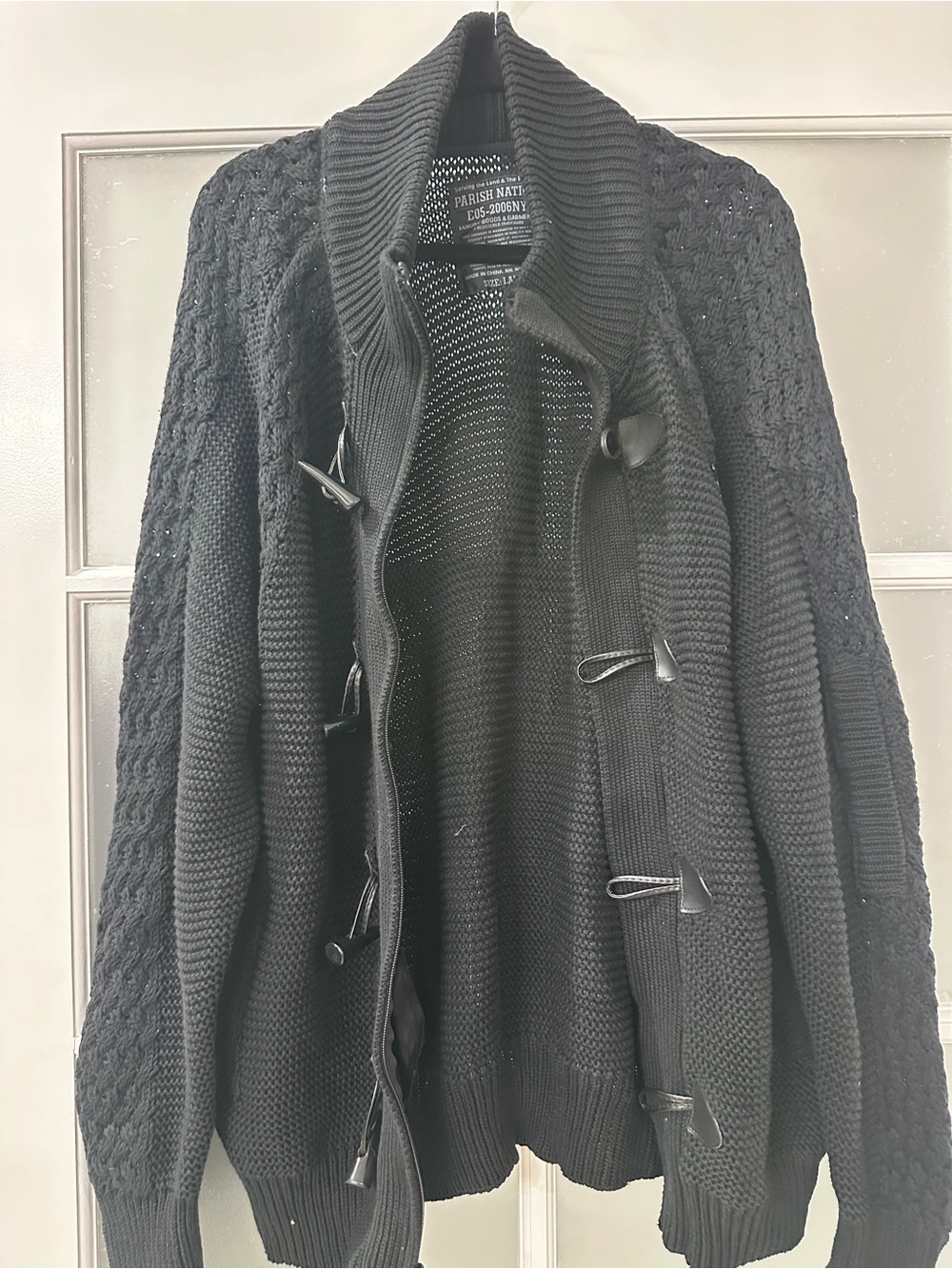 Parish Nation Men’s Large Black Cable Knit Toggle Zip Cardigan Sweater Y2K
